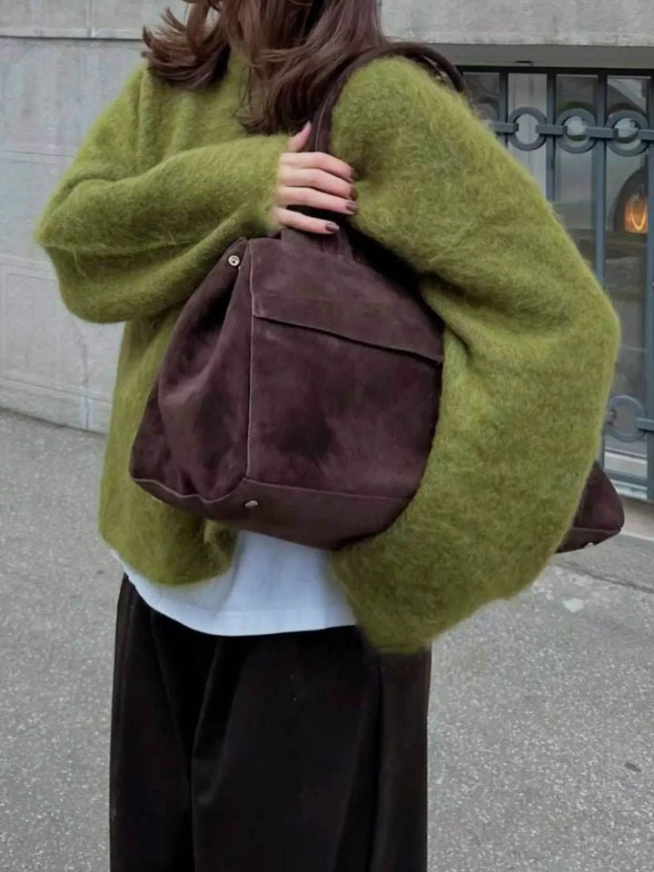 Dropped shoulder brushed knit crew neck sweater