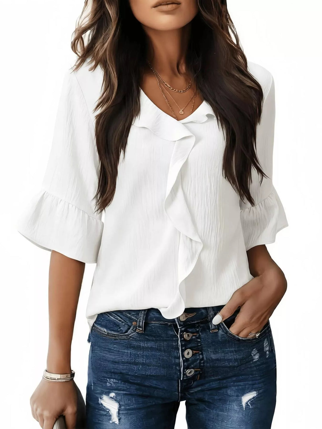 Gray/white Ruffle trim V-neck blouse with flared bell sleeves
