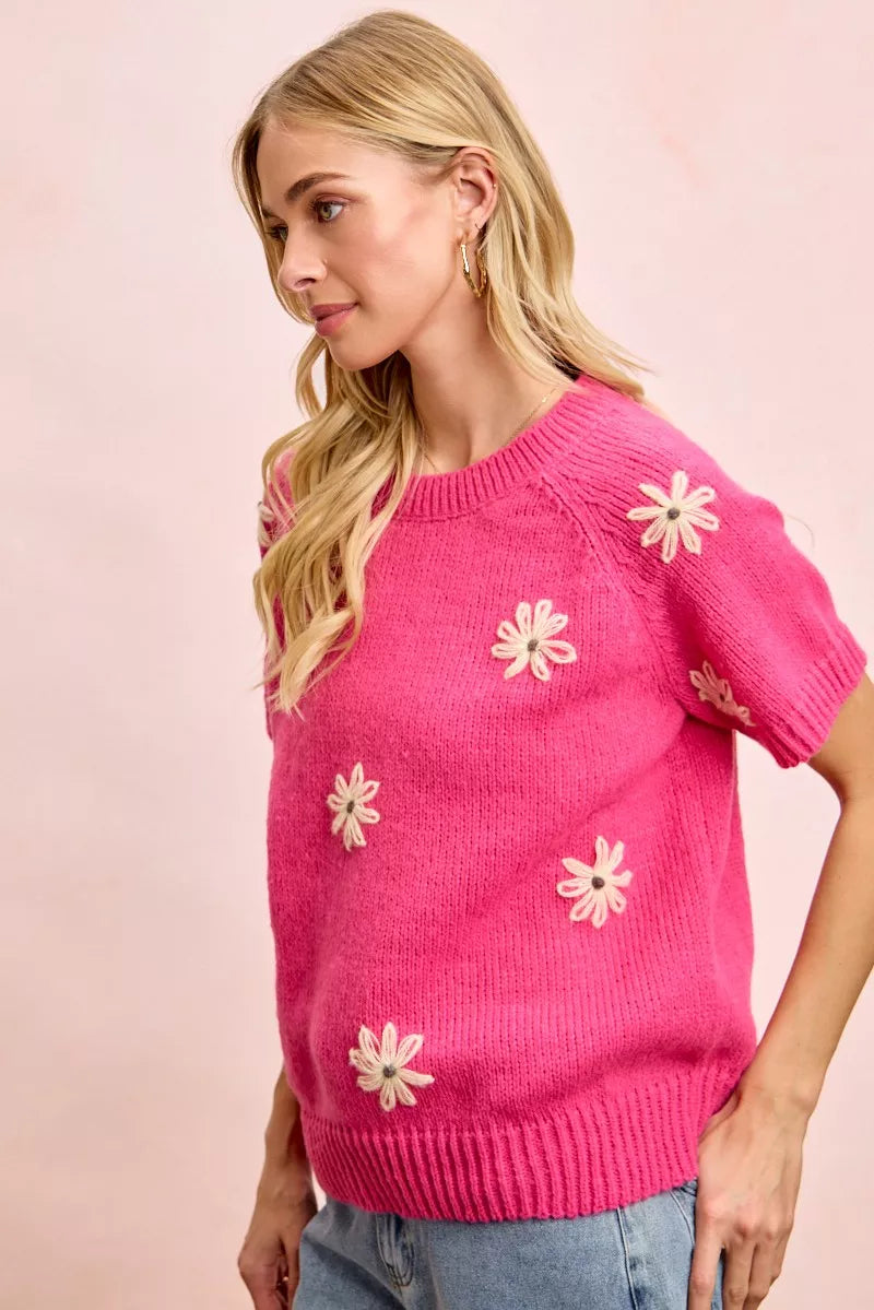 Floral embroidered short sleeve knit sweater top