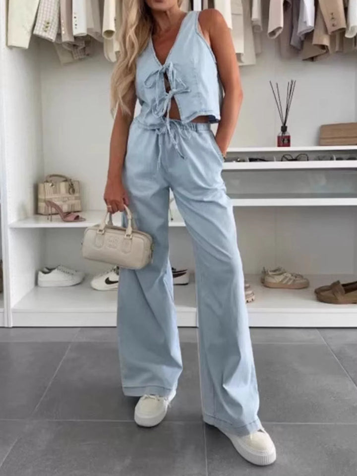 Light Blue Tie-front denim vest and wide-leg pants set