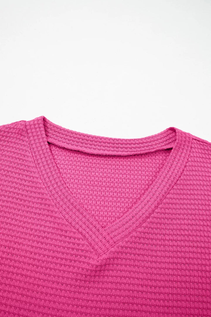 Waffle knit V-neck tee with cuffed short sleeves