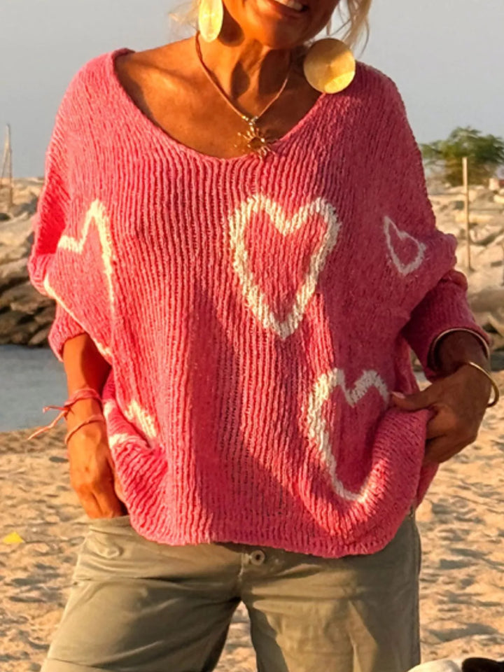 Heart motif V-neck dropped-shoulder knit sweater