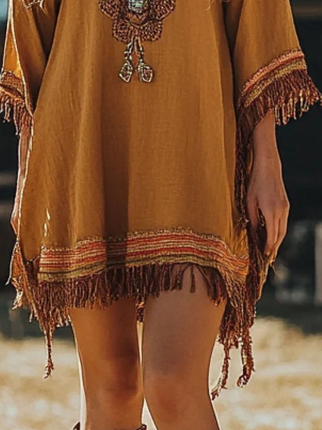 Embroidered fringe hem boho mini dress with 3/4 sleeves