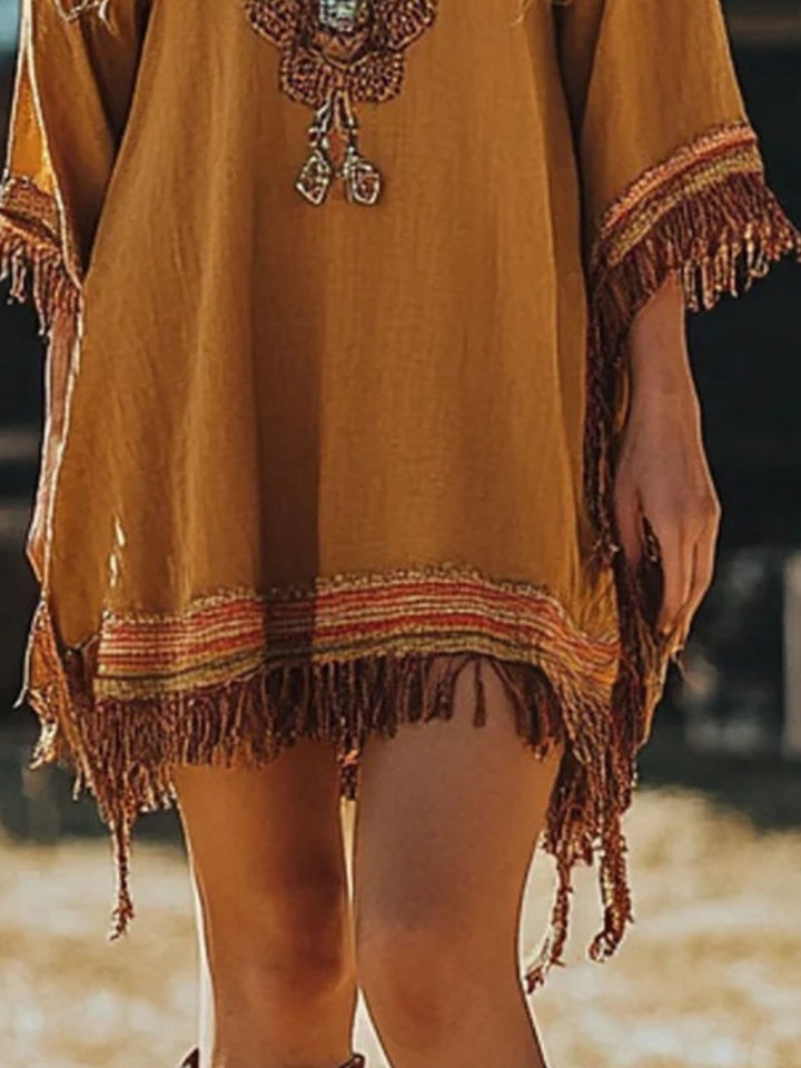 Embroidered fringe hem boho mini dress with 3/4 sleeves