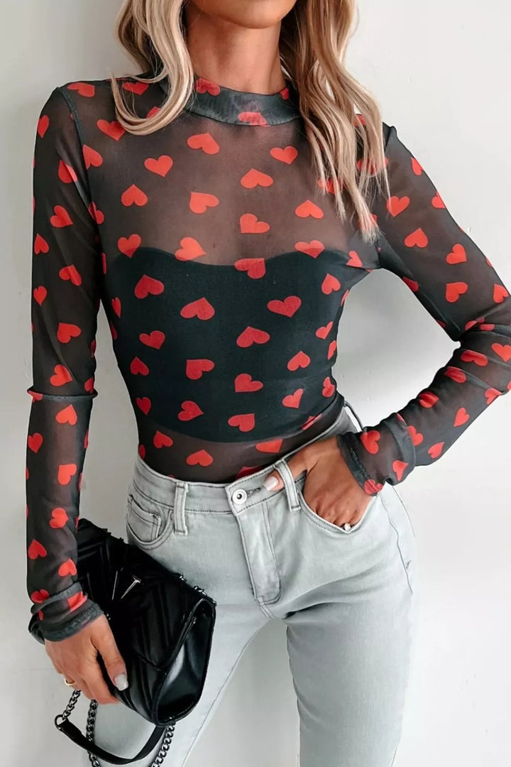 Heart print sheer mesh mock neck long sleeve crop top