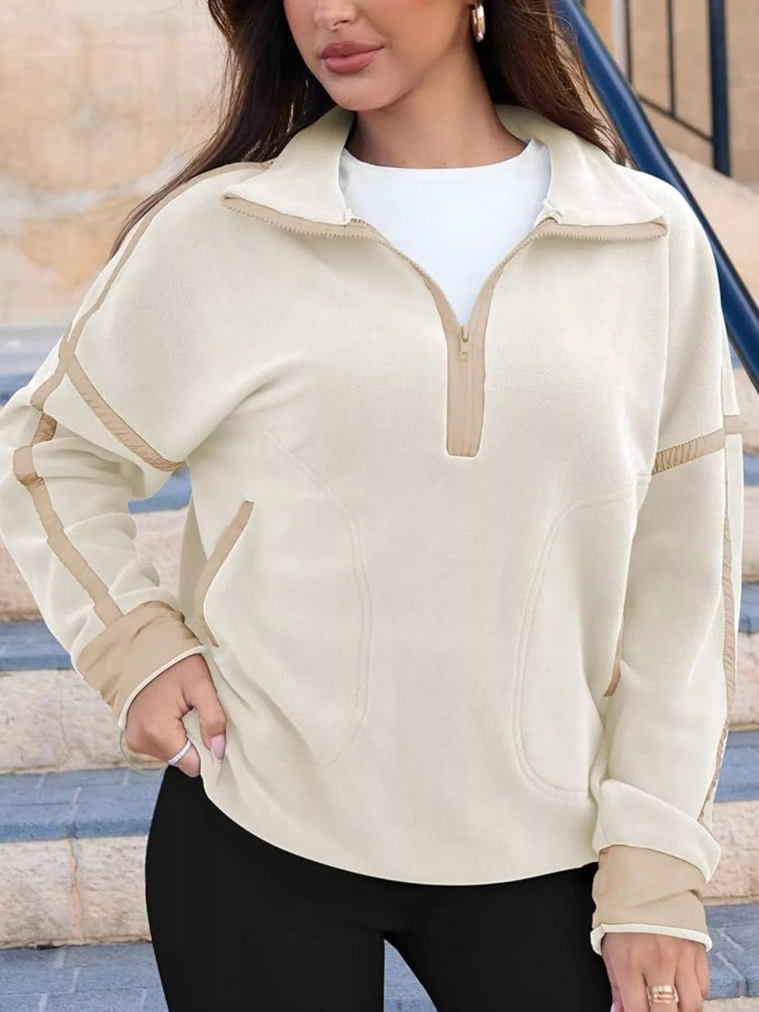 Apricot Half-zip fleece pullover with contrast trim and zip pockets