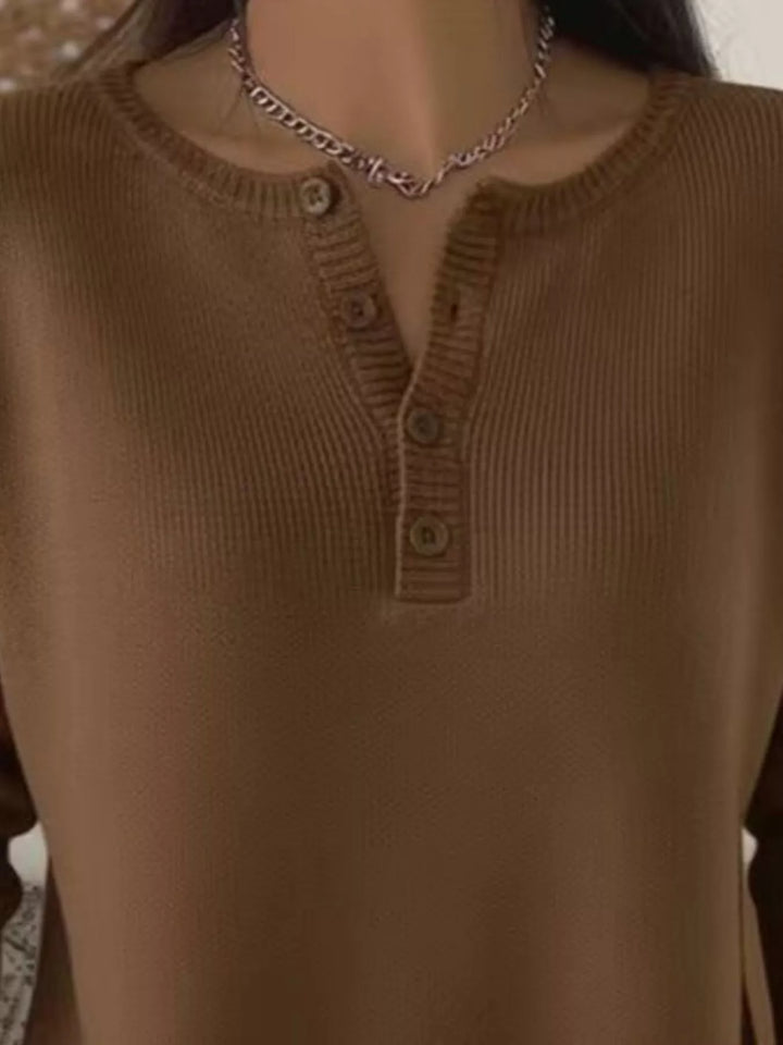 Henley button knit sweater with ribbed trim