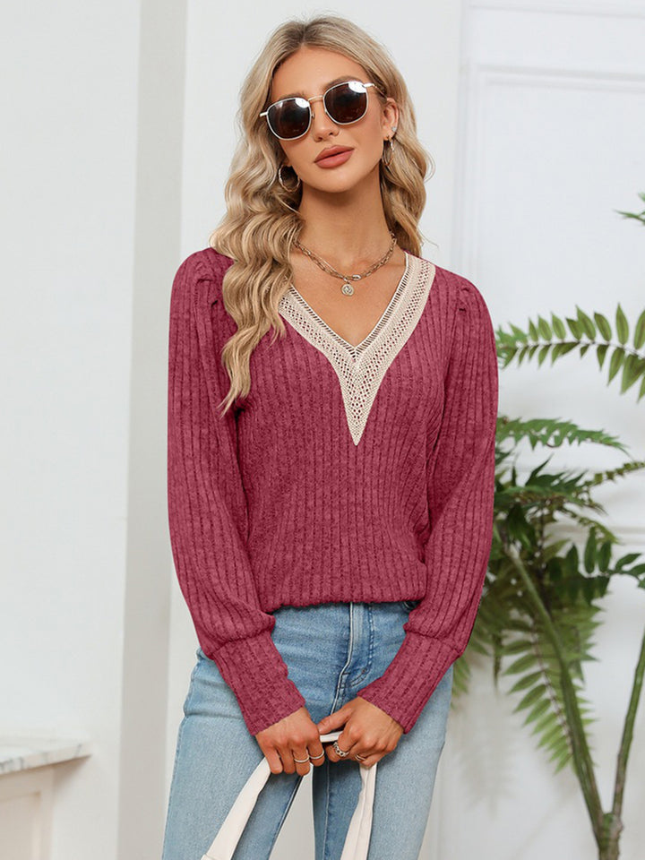 Lace-trim V-neck ribbed knit long sleeve blouse