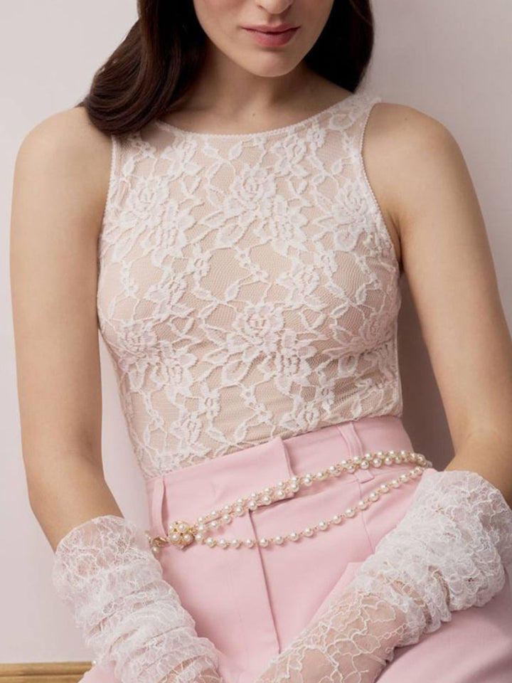 Beige Floral lace round neck sleeveless tank top