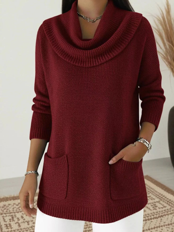 Wine Red Cowl neck long sleeve knit sweater with front pockets