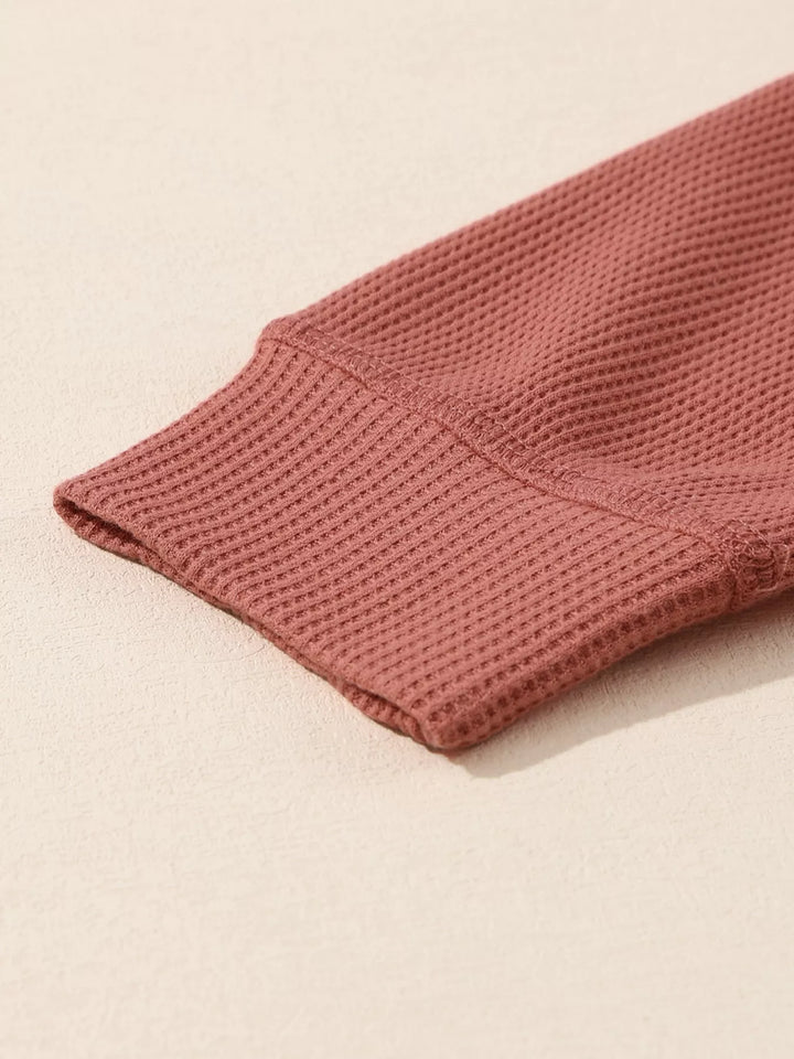 Waffle knit V-neck drawstring pullover hoodie