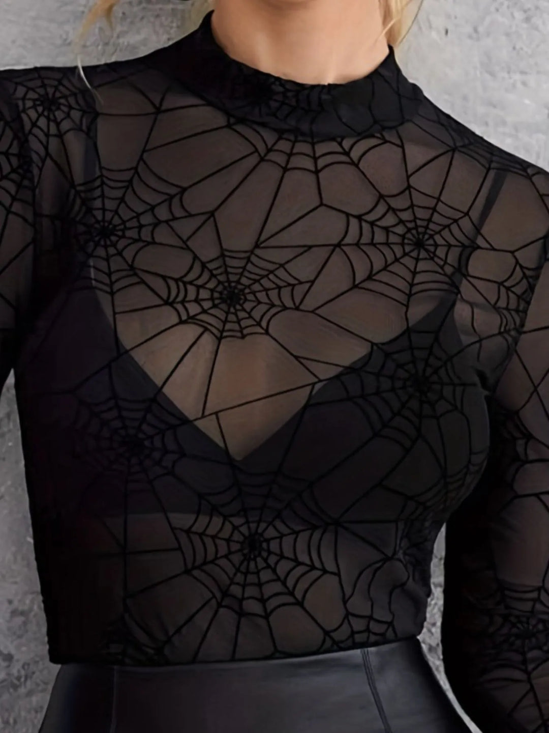 Spider web print sheer mesh long sleeve top