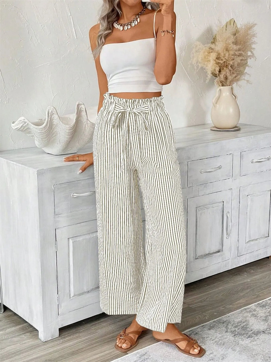 Striped wide-leg paper bag pants with tie belt