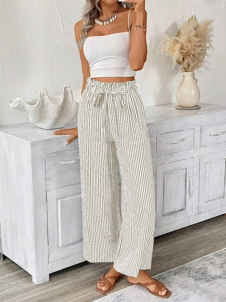 Striped wide-leg paper bag pants with tie belt