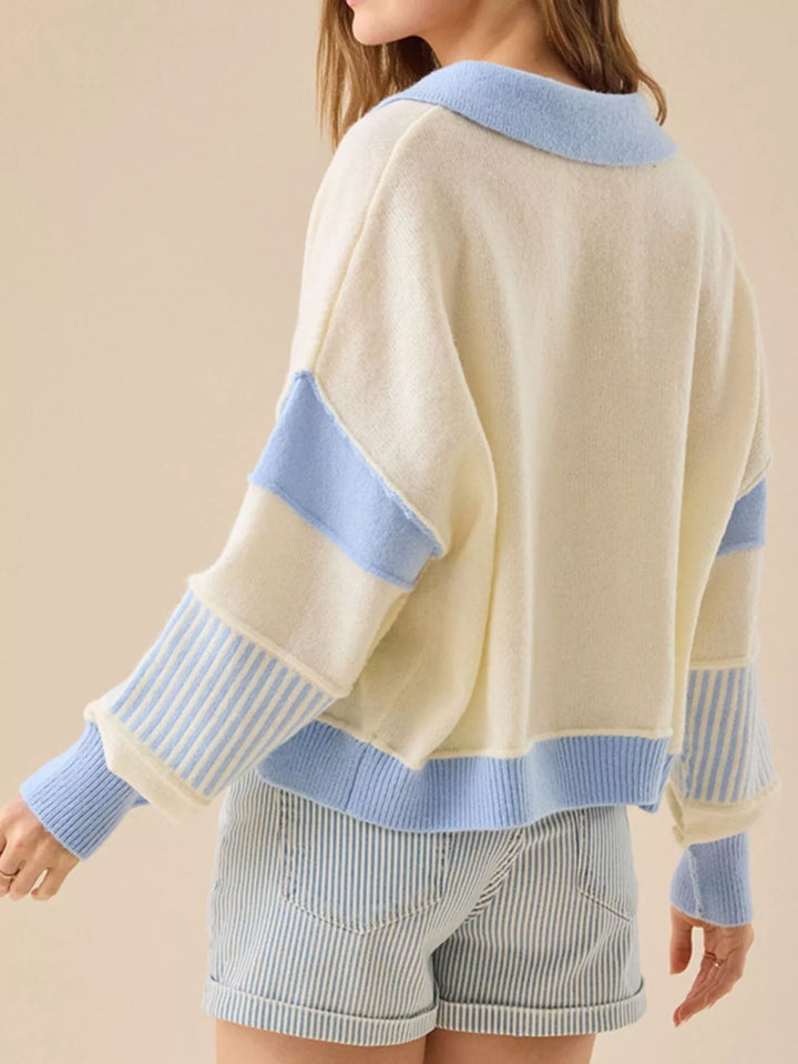 Color-block dropped-shoulder collared knit sweater