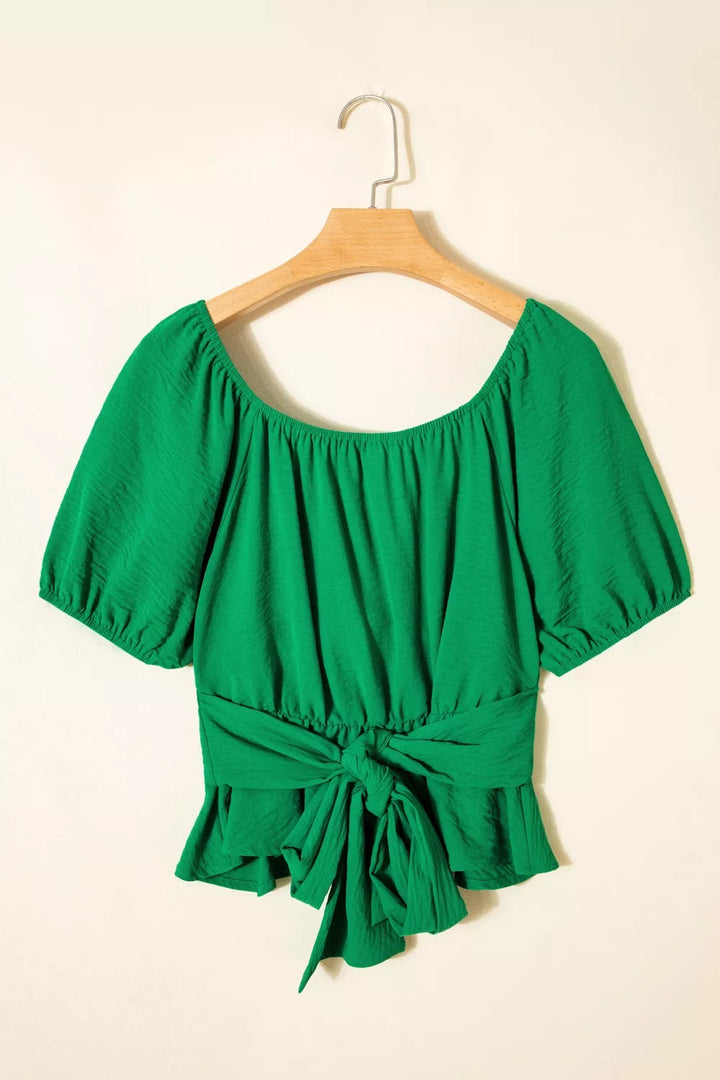 Ruched square-neck peplum top with crossed waist and tied back