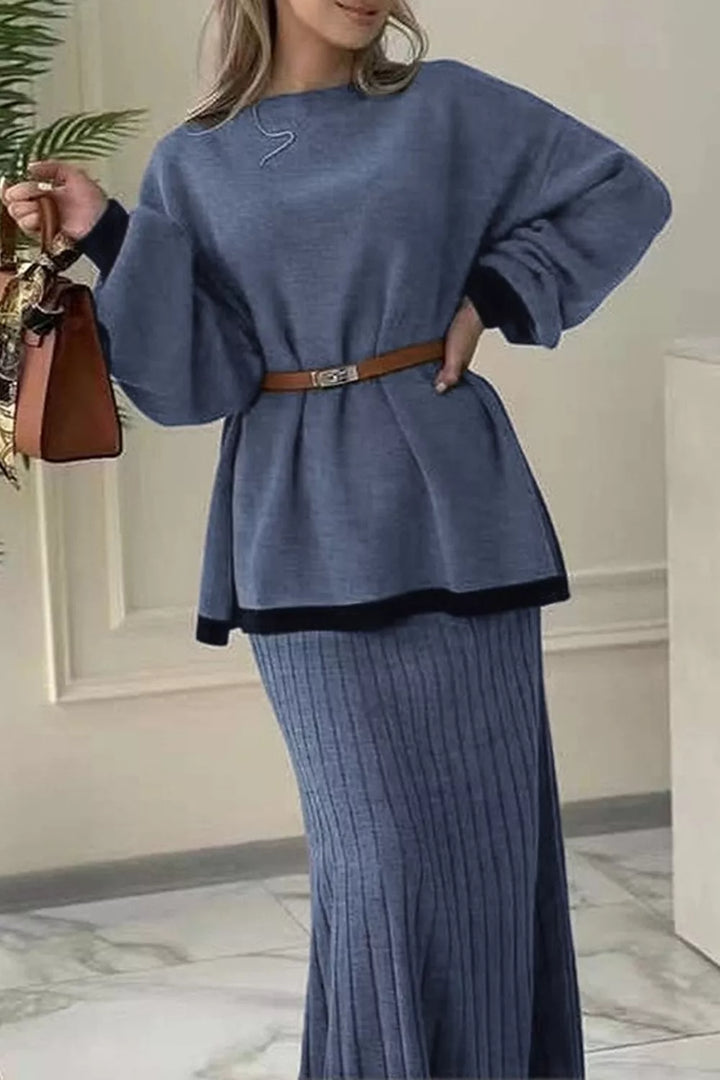 Dusty Blue Contrast trim knit sweater top and ribbed maxi skirt set