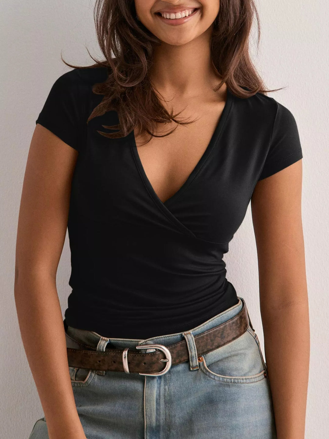Black Ruched wrap-front fitted short sleeve tee