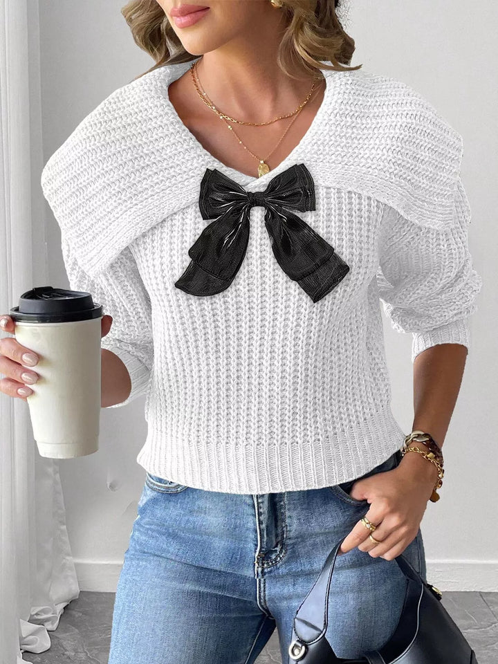 Waffle knit foldover collar sweater with contrast bow