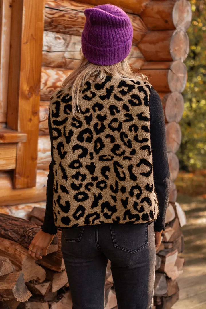 Leopard print sherpa fleece button-front vest