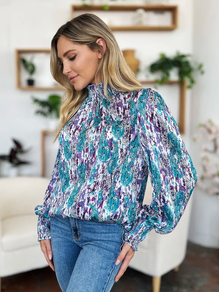 Printed smocked frill mock neck long sleeve blouse