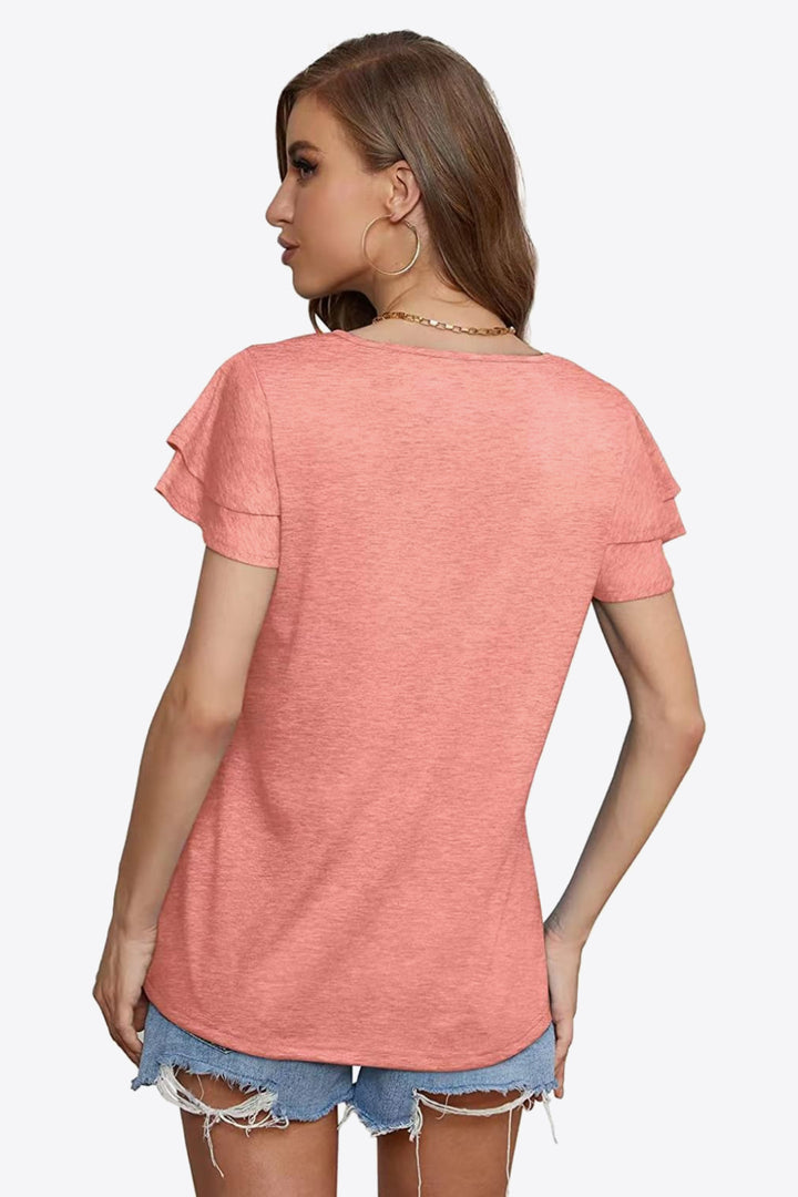 Tiered flutter sleeve blouse with split tie neck