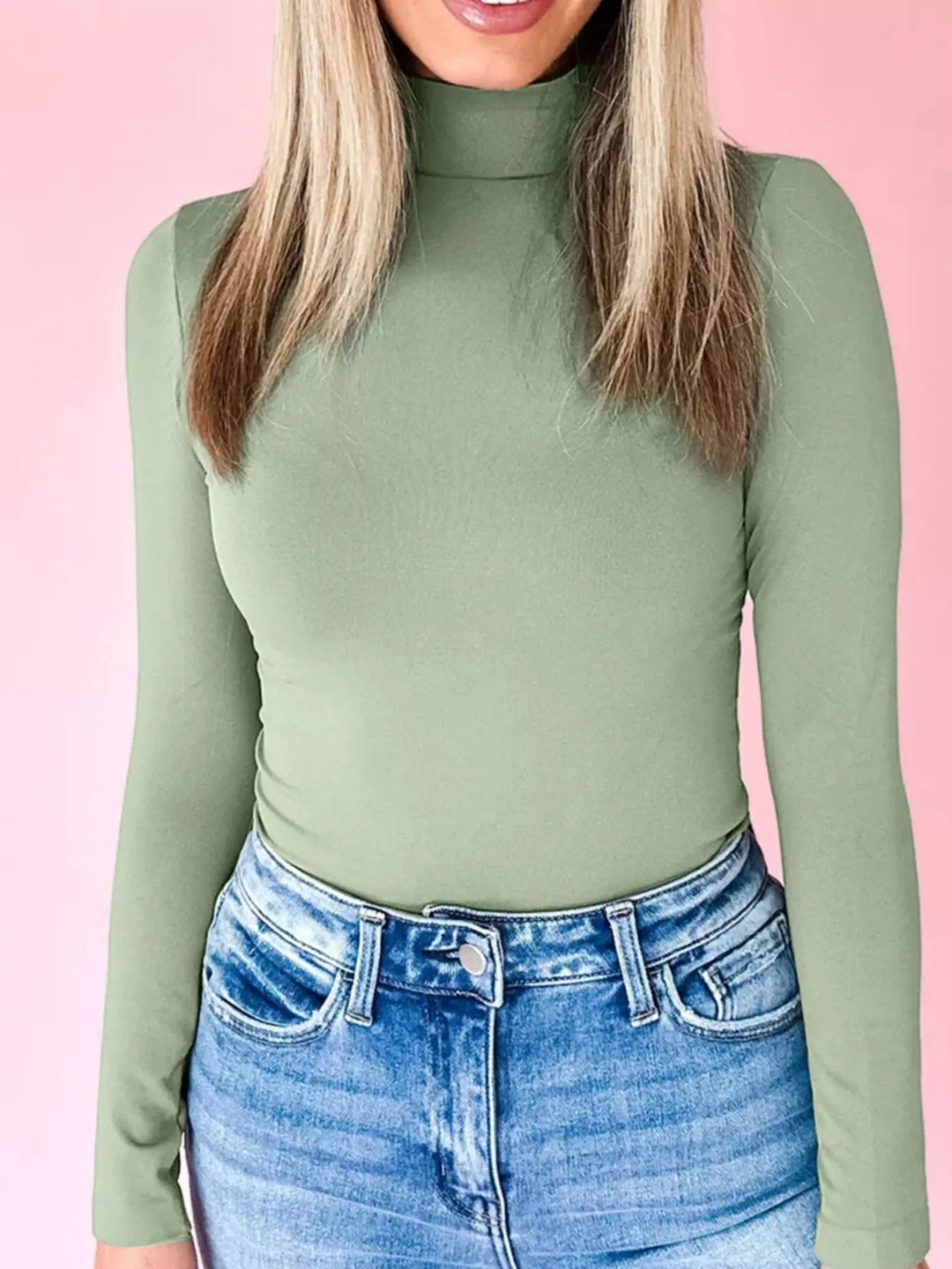 Sage Slim-fit long sleeve turtleneck top in stretch viscose