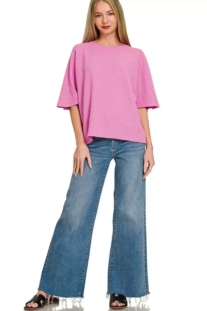 Waffle knit drop-shoulder short sleeve top