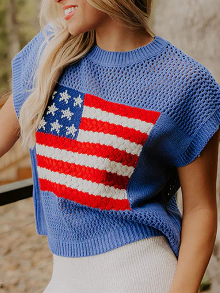 American flag open-knit short sleeve sweater top