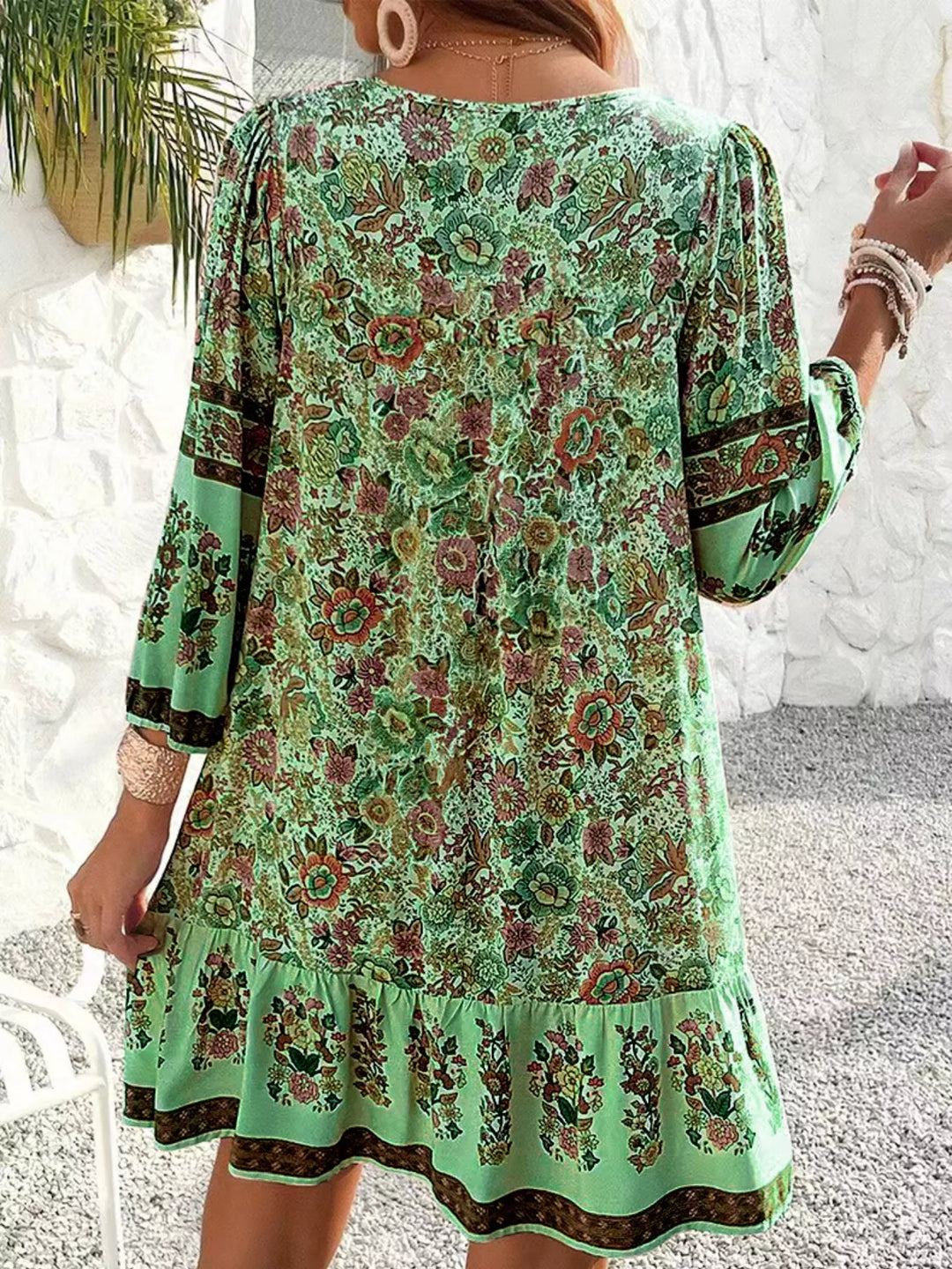 Boho floral v-neck mini dress with tassel tie and long sleeves