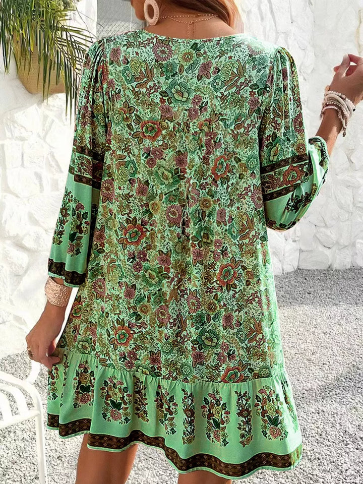 Boho floral v-neck mini dress with tassel tie and long sleeves