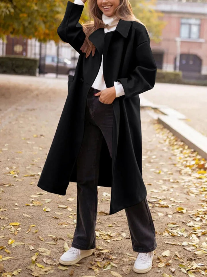Black Longline collared trench coat with patch pockets