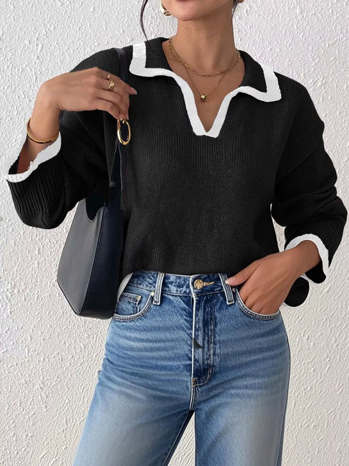 Contrast trim polo collar knit pullover sweater