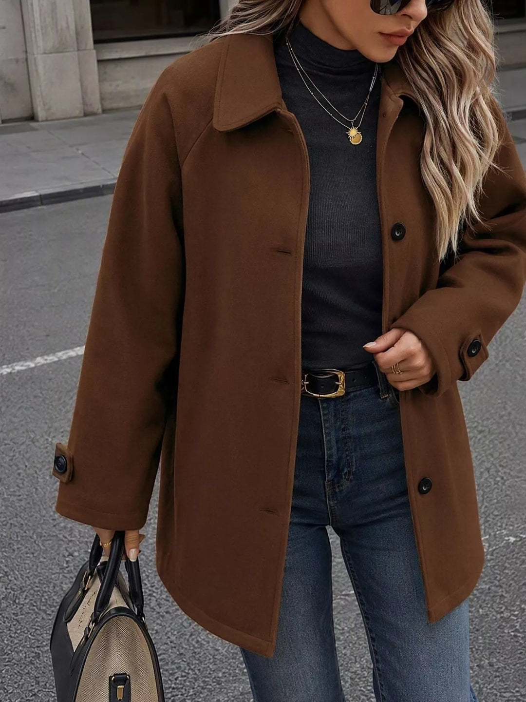 Single-breasted raglan sleeve wool-look jacket