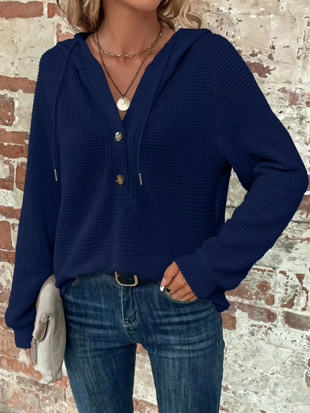 Waffle knit button-front hoodie with drawstring hood