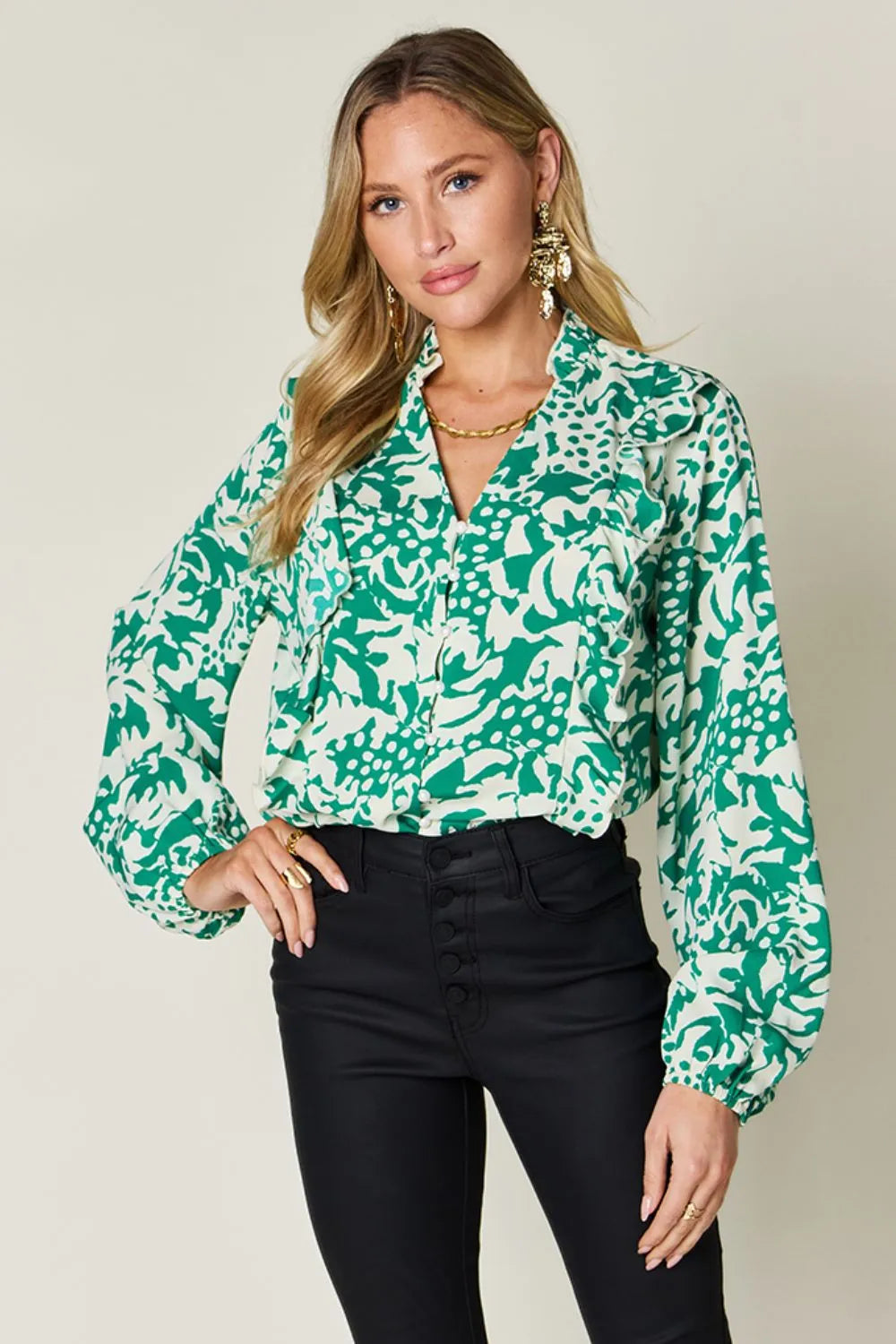 Mid Green Printed balloon sleeve button-down shirt with ruffle trim
