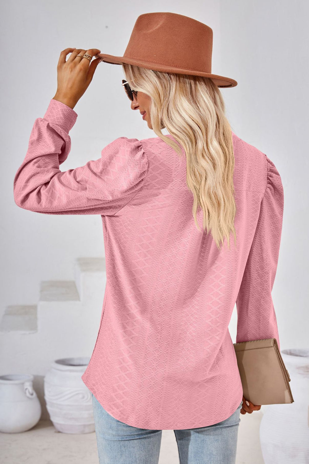 Textured knit split-neck puff sleeve blouse