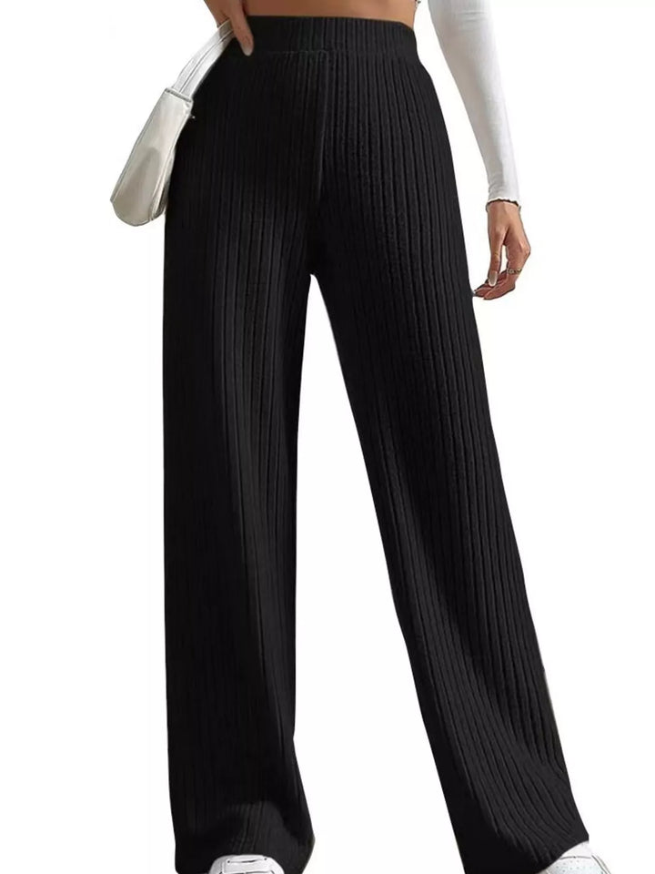 Ribbed knit wide-leg sweater pants with elastic high-rise waist