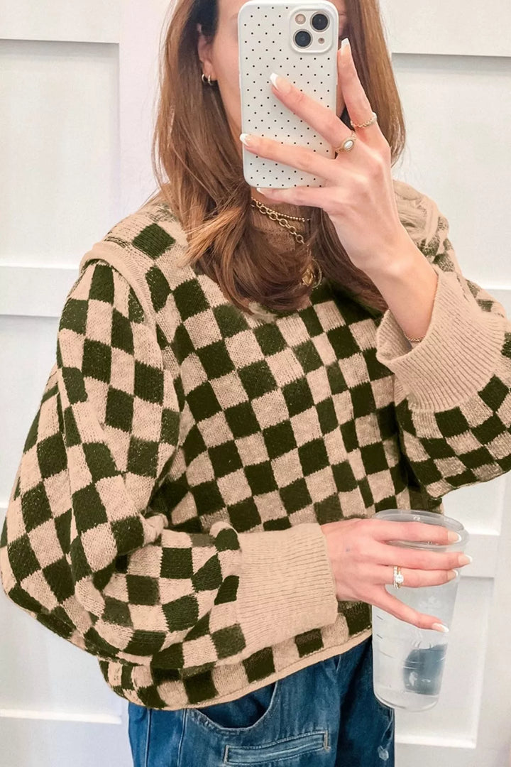 Checkerboard knit drop shoulder crew neck sweater