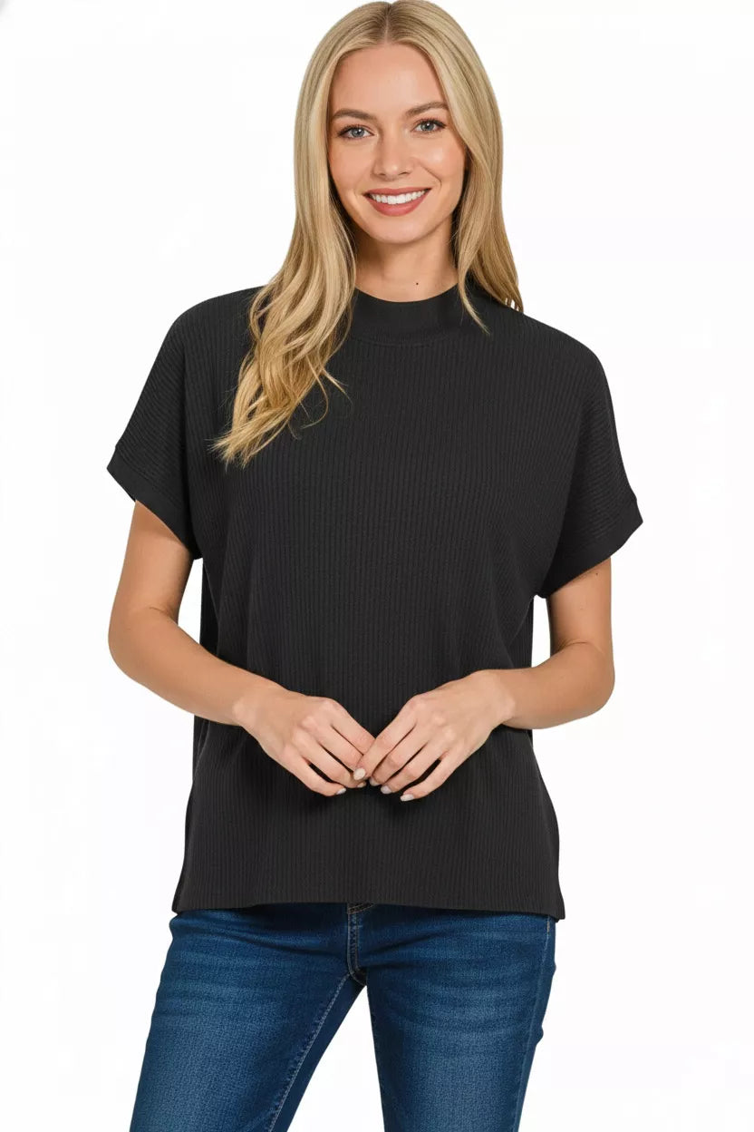 Ribbed mock neck short sleeve boxy sweater