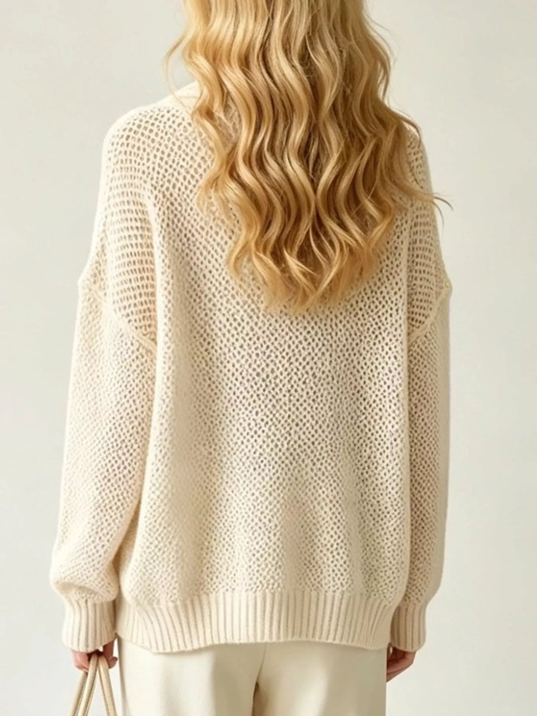 Open-knit V-neck button-front cardigan with ribbed trim