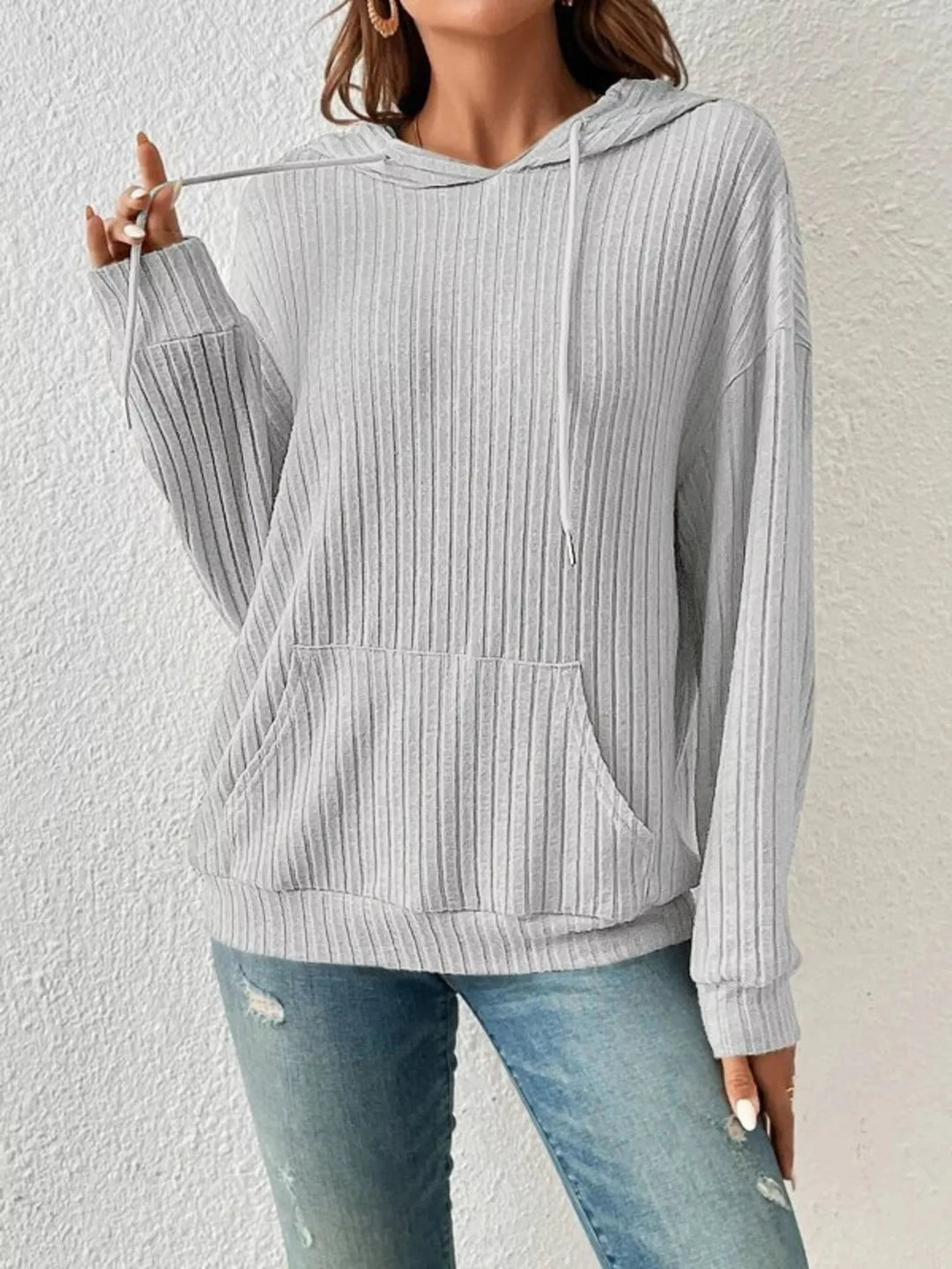 Grey Ribbed knit hoodie with drawstring and kangaroo pocket