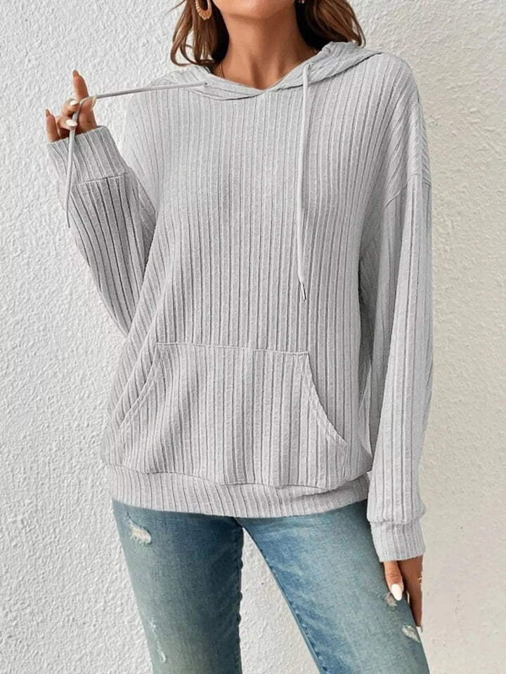 Grey Ribbed knit hoodie with drawstring and kangaroo pocket