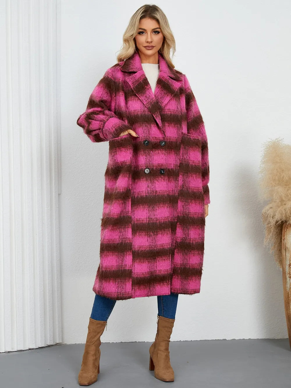 Plaid double-breasted longline coat with notch lapel
