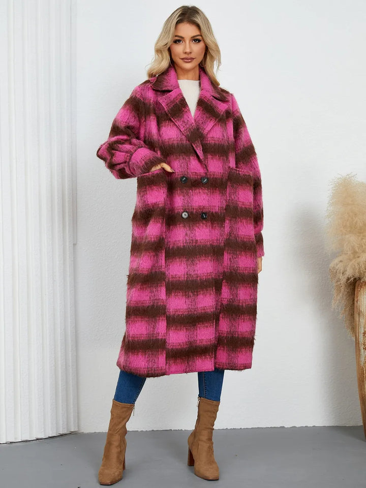 Plaid double-breasted longline coat with notch lapel