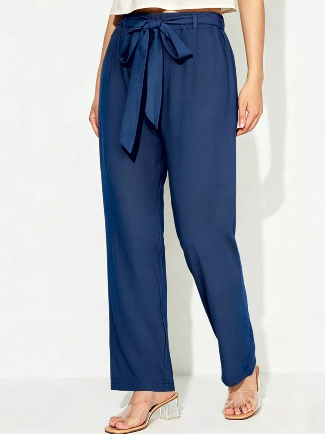 Wide leg pull-on pants with drawstring tie waist