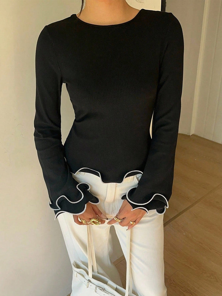 Black Ribbed lettuce-hem long sleeve top with tie back