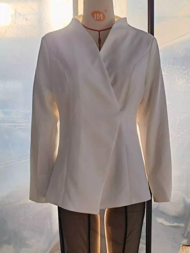 Collarless wrap-front blazer with cinched pleated waist