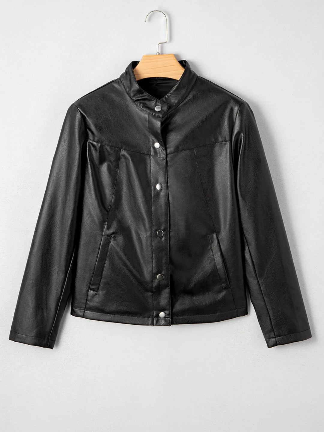 Faux leather snap-front boxy shirt jacket