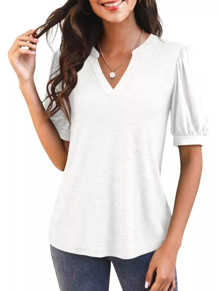 White Short puff sleeve notched V-neck casual tee